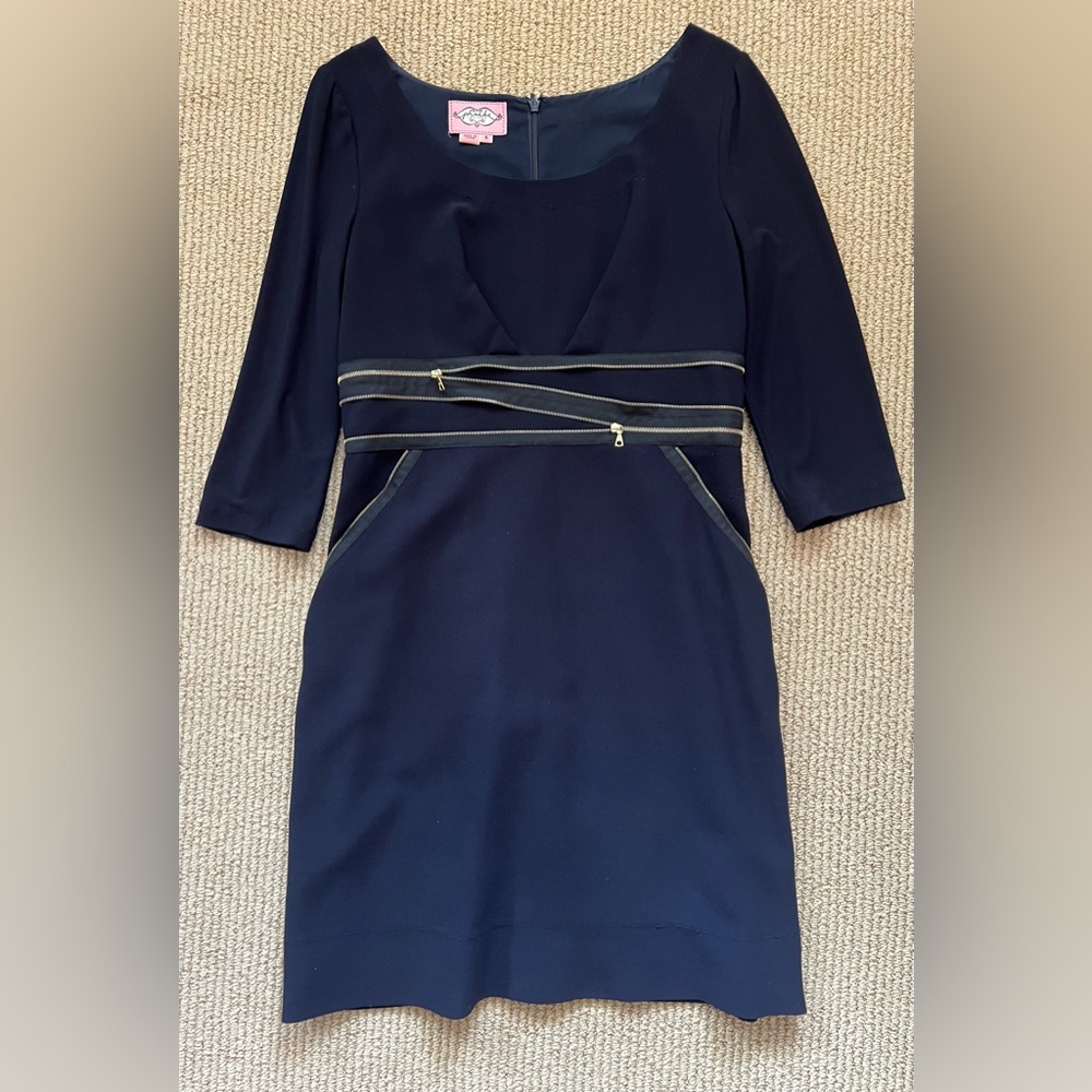 Phoebe Couture Navy Sheath Dress Size 6 Zip Detail 3/4 Sleeve Stretch